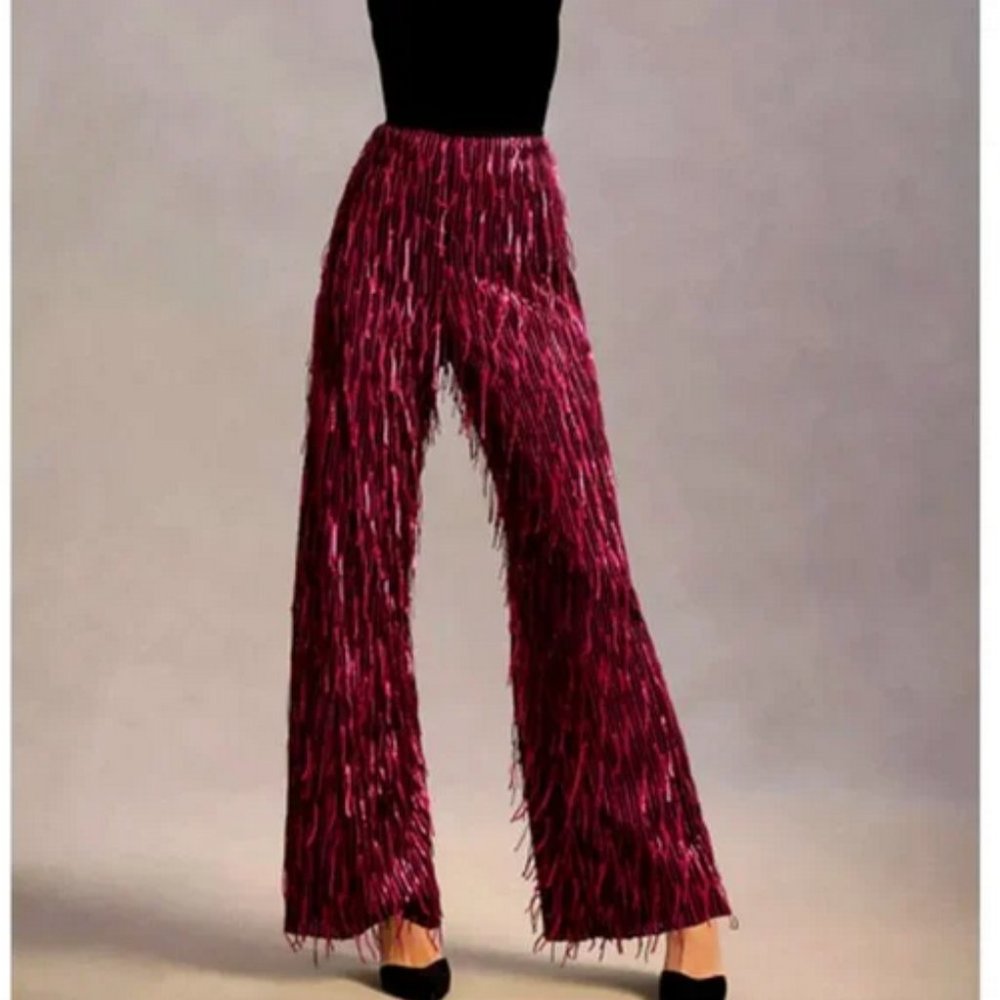 Anthropologie Maeve Sequined Wide Leg Pants Plum PETITE - Picture 2 of 10